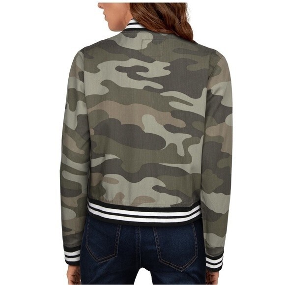 Natural Reflections Camo Chambray Like Ribbed Knit Trim Bomber Jacket Pockets S - Picture 2 of 10